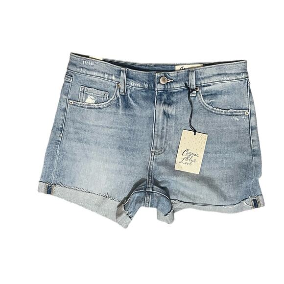 COSMIC BLUE LOVE DISTRESSED DENIM‎ BLUE JEAN SHORTS HI-RISE CUFFED SIZE 28 NWT - Picture 1 of 7